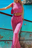 Rose Red Sexy Print Patchwork Halter Sleeveless Two Pieces