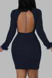 Red Sexy Solid Patchwork Feathers Backless Turtleneck Long Sleeve Dresses