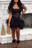 Black Sexy Solid Patchwork See-through Backless Spaghetti Strap Sleeveless Dress Dresses