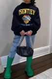 Black Casual Print Patchwork Hooded Collar Tops