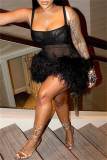 Black Sexy Solid Patchwork See-through Backless Spaghetti Strap Sleeveless Dress Dresses