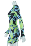 Green Sexy Print Patchwork V Neck Pencil Skirt Dresses