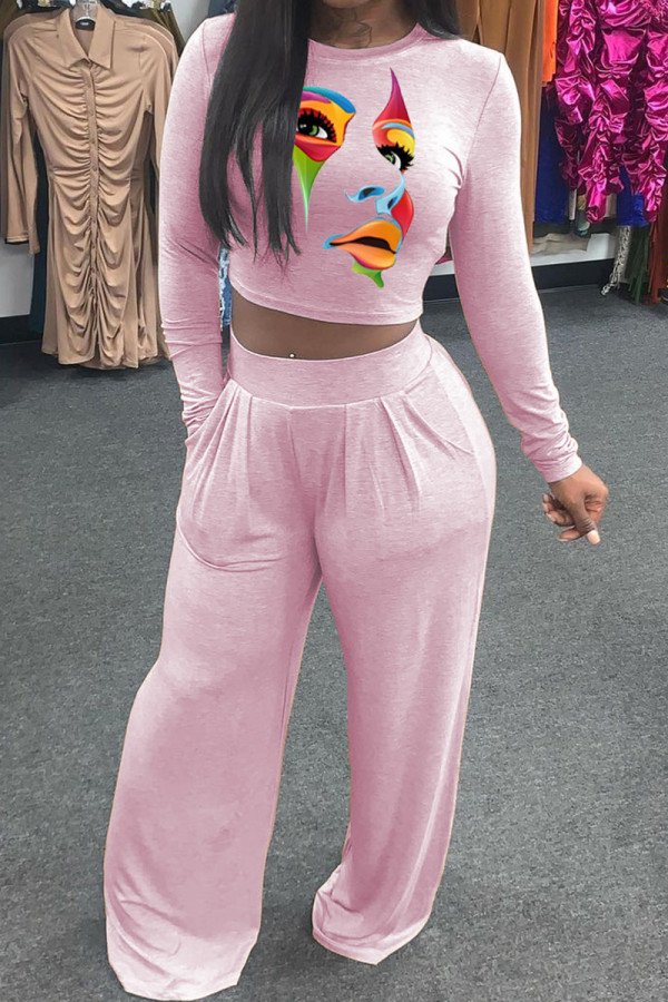 Pink Casual Print Patchwork O Neck Long Sleeve Two Pieces