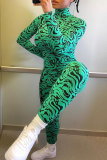 Green Sexy Print Patchwork Half A Turtleneck Skinny Jumpsuits