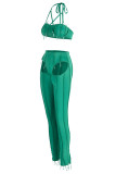 Green Sexy Solid Hollowed Out Patchwork Asymmetrical Halter Sleeveless Two Pieces