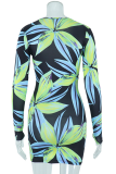 Green Sexy Print Patchwork V Neck Pencil Skirt Dresses