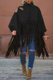 Black Casual Vintage Solid Tassel Turtleneck Tops