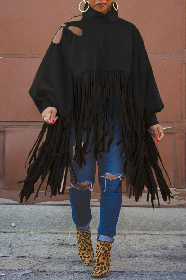 Black Casual Vintage Solid Tassel Turtleneck Tops