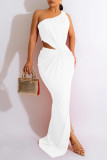 White Sexy Solid Hollowed Out Slit Oblique Collar Sleeveless Dress Dresses