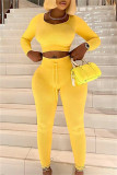 Yellow Casual Solid Patchwork O Neck Long Sleeve Two Pieces