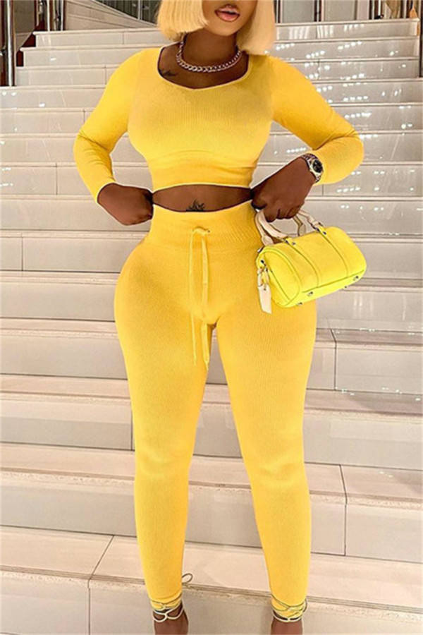 Yellow Casual Solid Patchwork O Neck Long Sleeve Two Pieces