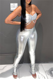 Silver Sexy Casual Solid Backless Strapless Sleeveless Two Pieces