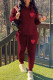 Burgundy Casual Print Patchwork Hooded Collar Long Sleeve Two Pieces