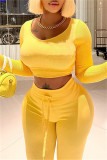 Yellow Casual Solid Patchwork O Neck Long Sleeve Two Pieces