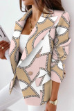 White Brown Fashion Casual Print Patchwork Slit Turn-back Collar Outerwear