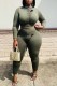 Army Green Street Print Fold Letter O Neck Long Sleeve Two Pieces