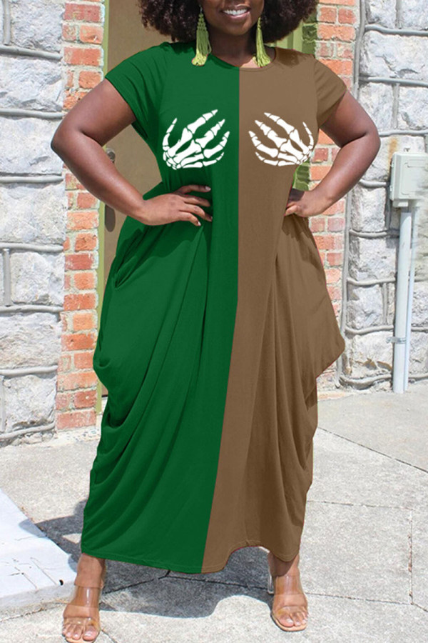 Green Street Print Patchwork O Neck Dresses