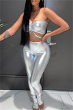 Silver Sexy Casual Solid Backless Strapless Sleeveless Two Pieces