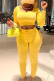 Yellow Casual Solid Patchwork O Neck Long Sleeve Two Pieces