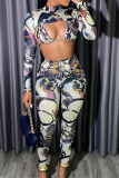 Black Sexy Print Patchwork Half A Turtleneck Long Sleeve Two Pieces