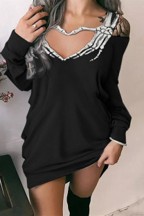 Black Sexy Casual Print Hollowed Out O Neck Long Sleeve Dresses