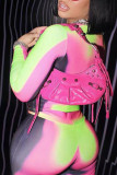 Pink Sexy Street Print Patchwork O Neck Long Sleeve Two Pieces