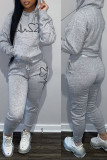Grey Casual Print Patchwork Hooded Collar Long Sleeve Two Pieces