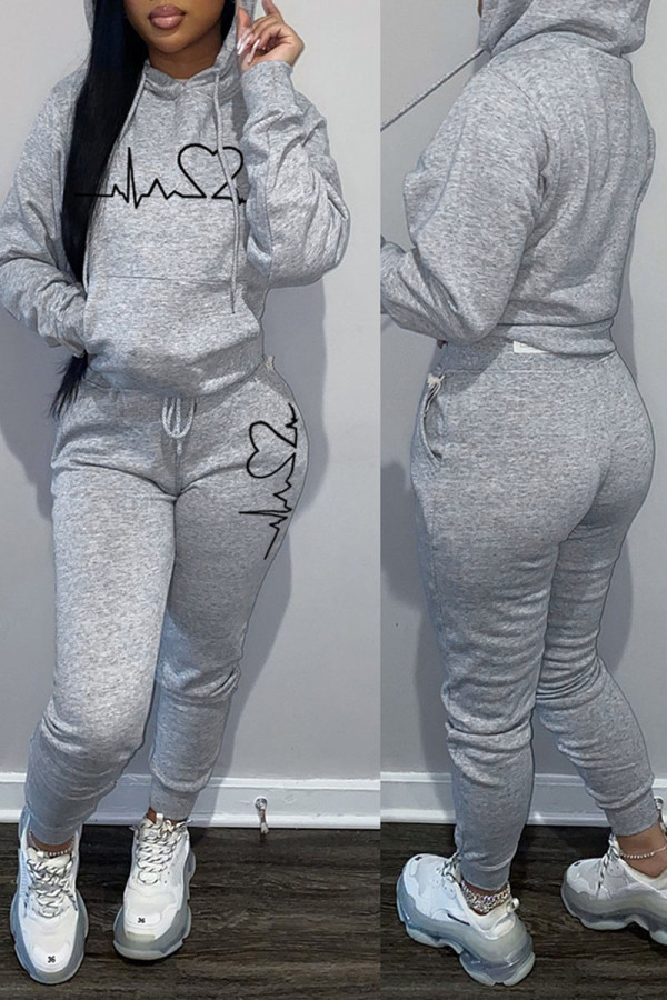 Grey Casual Print Patchwork Hooded Collar Long Sleeve Two Pieces