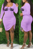 Purple Street Print Patchwork Draw String Fold Asymmetrical Square Collar Irregular Dress Dresses