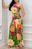 Multicolor Casual Print Hollowed Out Backless Oblique Collar Regular Jumpsuits