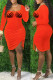 Tangerine Red Street Print Patchwork Draw String Fold Asymmetrical Square Collar Irregular Dress Dresses
