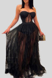 Black Sexy Solid Patchwork See-through Strapless Sleeveless Two Pieces