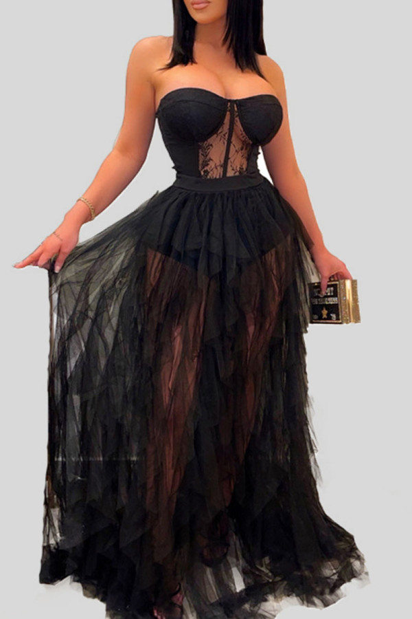 Black Sexy Solid Patchwork See-through Strapless Sleeveless Two Pieces