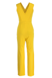 Yellow Casual Solid Patchwork V Neck Straight Jumpsuits