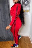 Red Casual Striped Patchwork Hooded Collar Long Sleeve Two Pieces