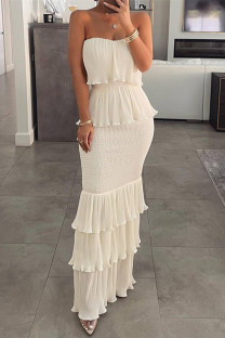 Cream White Sexy Casual Solid Patchwork Backless Strapless Long Dress Dresses