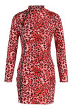 Leopard Print Sexy Print Patchwork Zipper Half A Turtleneck Long Sleeve Dresses