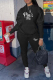 Black Casual Print Letter Hooded Collar Long Sleeve Two Pieces