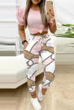 Pink Casual Print Patchwork O Neck Short Sleeve Two Pieces