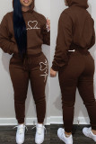 Grey Casual Print Patchwork Hooded Collar Long Sleeve Two Pieces