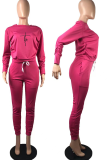 Pink Casual Print Fold O Neck Long Sleeve Two Pieces