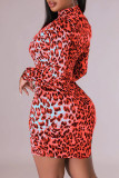 Leopard Print Sexy Print Patchwork Zipper Half A Turtleneck Long Sleeve Dresses
