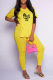 Yellow Casual Print High Opening V Neck Short Sleeve Two Pieces