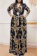 Black Elegant Print Patchwork Turndown Collar A Line Dresses
