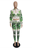 Green Casual Print Patchwork Zipper Collar Long Sleeve Two Pieces