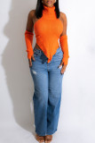 Orange Sexy Solid Patchwork Asymmetrical Turtleneck Tops(With Sleeves)