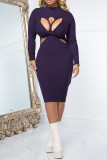 Purple Sexy Solid Hollowed Out Patchwork O Neck Pencil Skirt Dresses