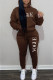 Dark Brown Casual Print Letter Hooded Collar Long Sleeve Two Pieces