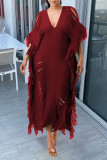 Rose Red Sexy Solid Tassel Hollowed Out Patchwork V Neck Beach Dress Dresses