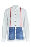 White Casual Print Patchwork Turndown Collar Tops
